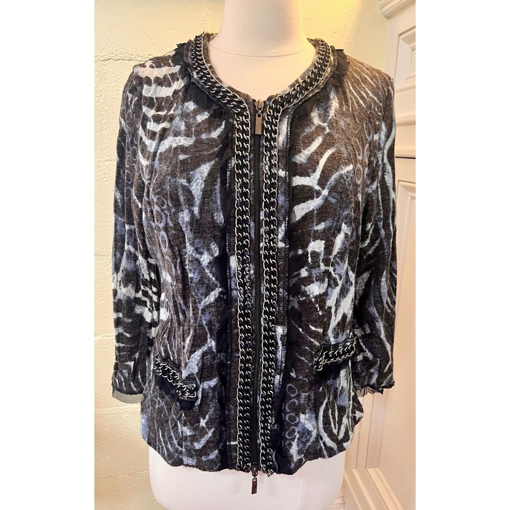 ALBERTO MAKALI‎ Chain Link Zip Up Sweater Jacket Multi Print Black Size M